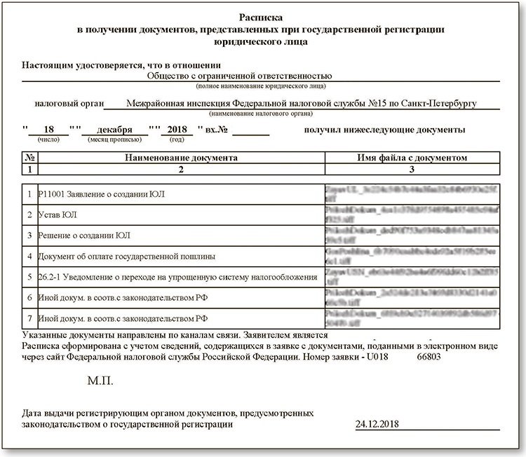 Пример расписки о принятии налоговой документов